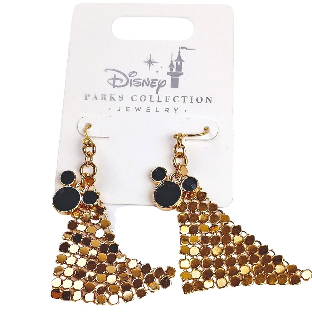 Disney Mickey Mouse Dangle Earrings Black Gold Webbed NIP